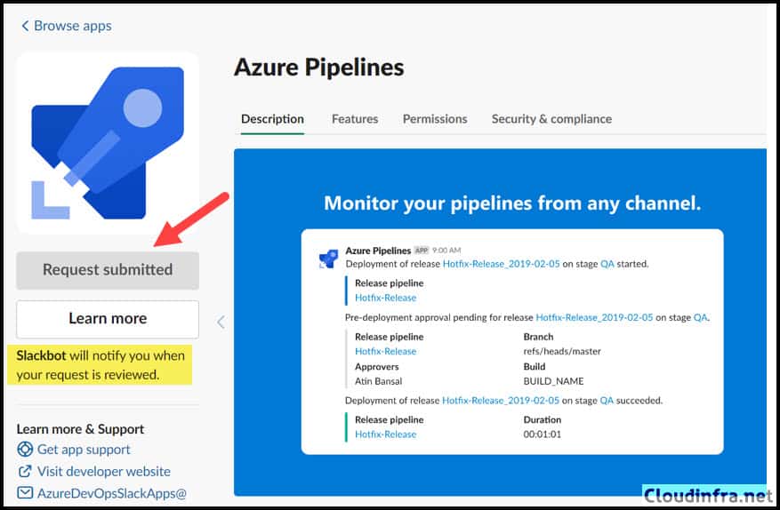 Azure Pipelines request submitted to slack manager