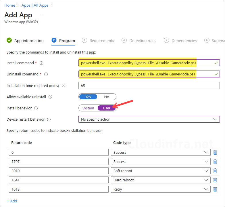 Program tab for disabling game mode intune deployment