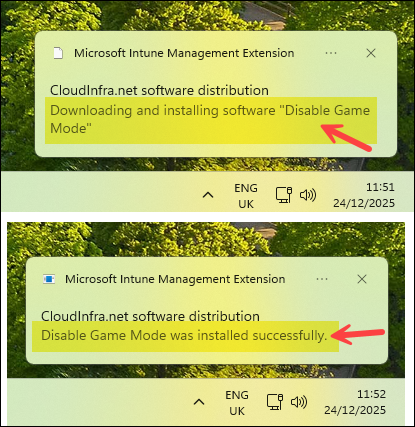 Disable game mode Intune deployment toast notifications