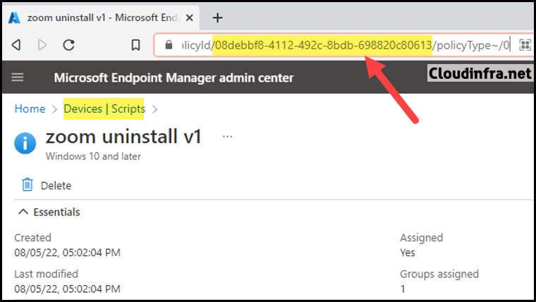 Find policy Id of powershell script deployment from Intune admin center