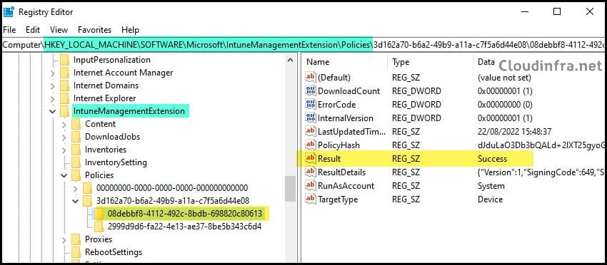 Find result of powershell script deployment from Windows registry
