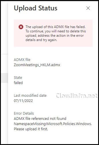 ADMX file referenced not found NamespaceMissing:Microsoft.Policies.Windows. Please upload it first.