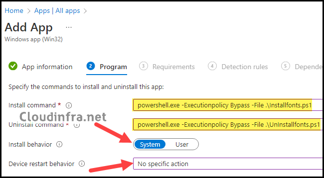 Provide Install and Uninstall commands for Installation of fonts using Intune