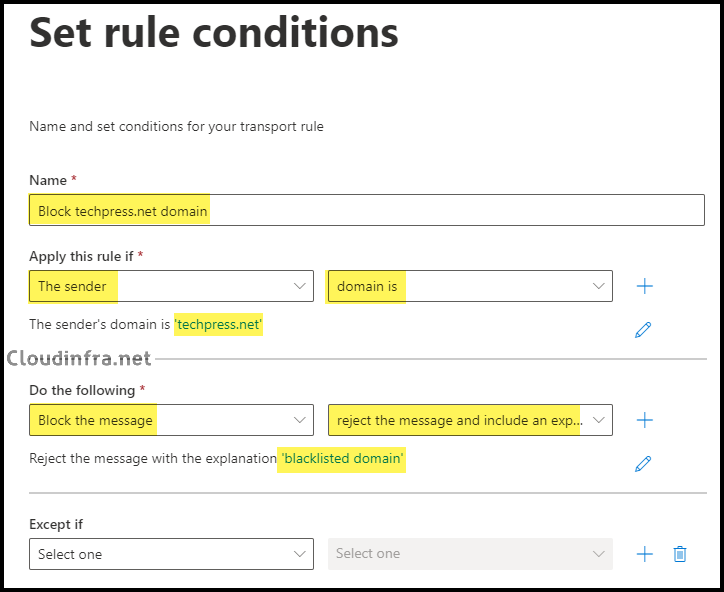 Set rule conditions Block Domain in Exchange online