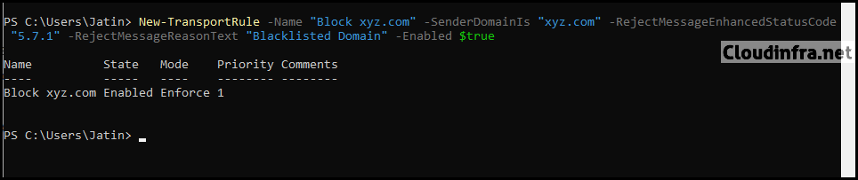 Create a Transport rule in Exchange Online to block a Domain with Powershell