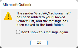 Block an email address in Outlook Desktop Client confirmation pop-up