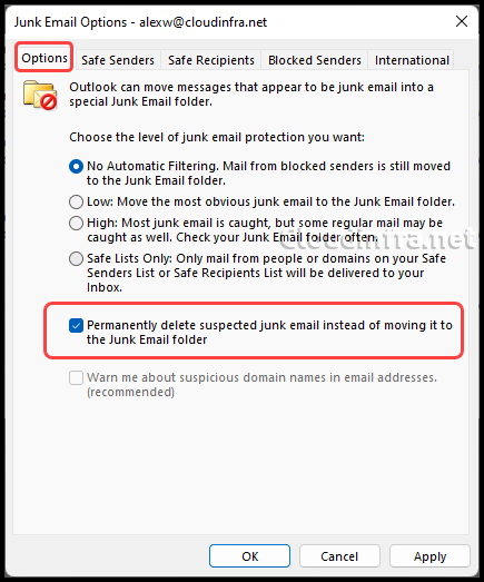 Delete emails received from blocked senders instead of moving to Junk Folder
