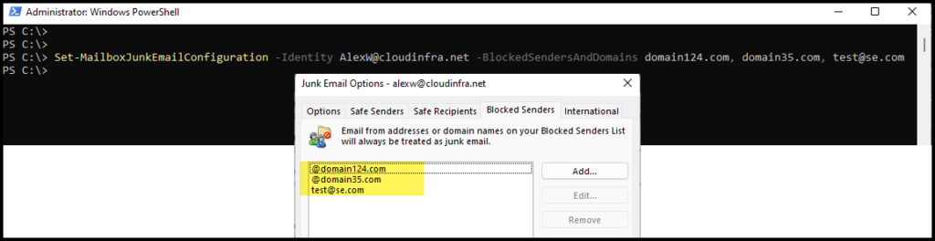 Add multiple domains and email addresses into block sender list of a user mailbox