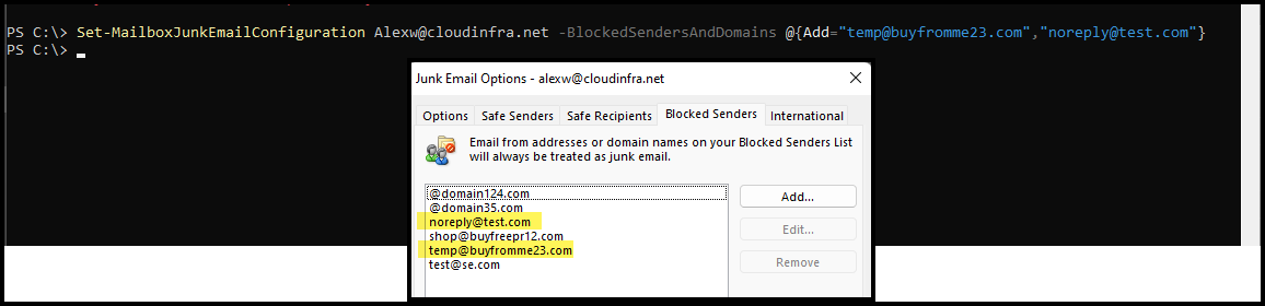 Block multiple domans or email address into the block sender list