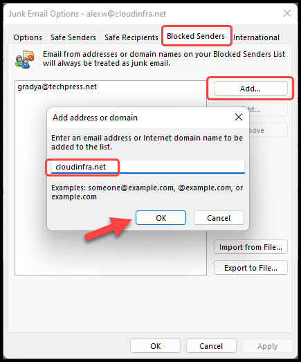Block sender's domain using Oulook Desktop Client