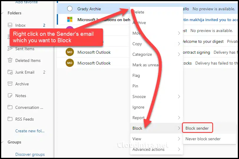 Block a sender using Oulook on the Web (Outlook Web App)
