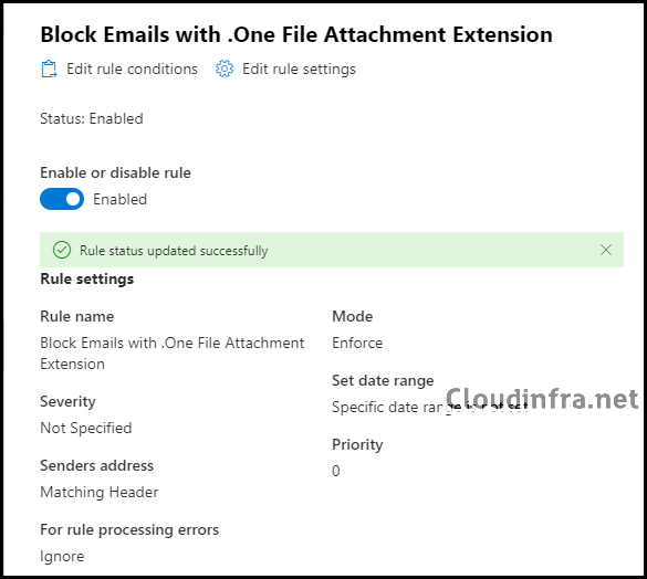 Enable rule to Block Emails with .One File Attachment Extension