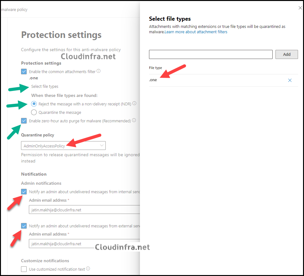 Protection Settings for Block emails with .One File attachment extention using Anti-malware Policies