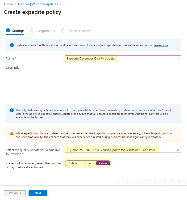 Expedite Windows Quality Updates Configuration