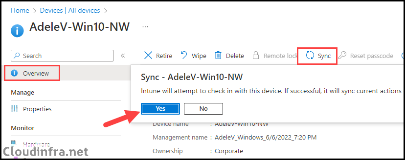 Using Sync Action on the Intune admin center