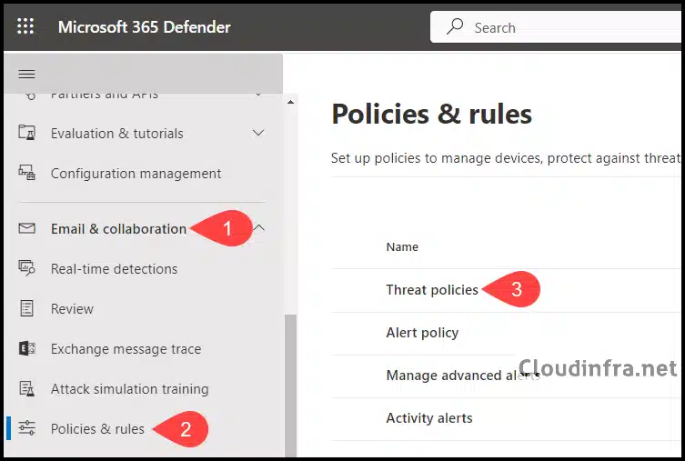 Threat Policy From Microsoft 365 defender portal