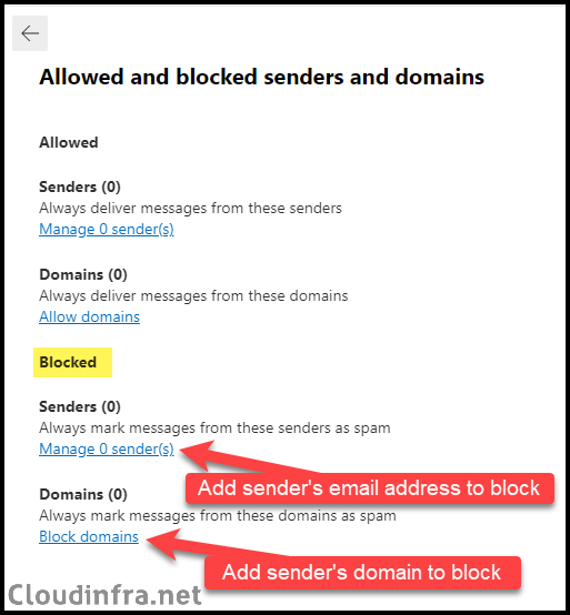 Block Sender email or domain using anti-spam policies