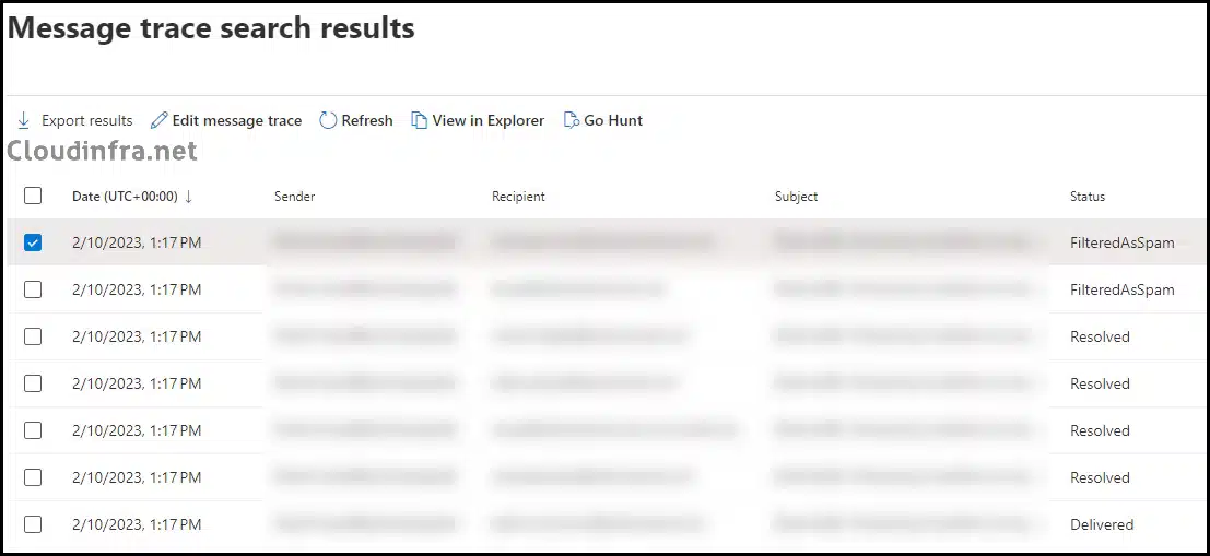 Message Trace results on Exchange online admin center