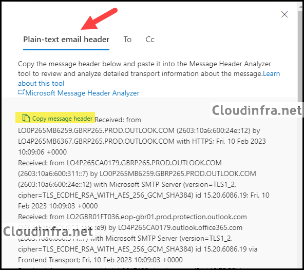 Copy email message header in office 365