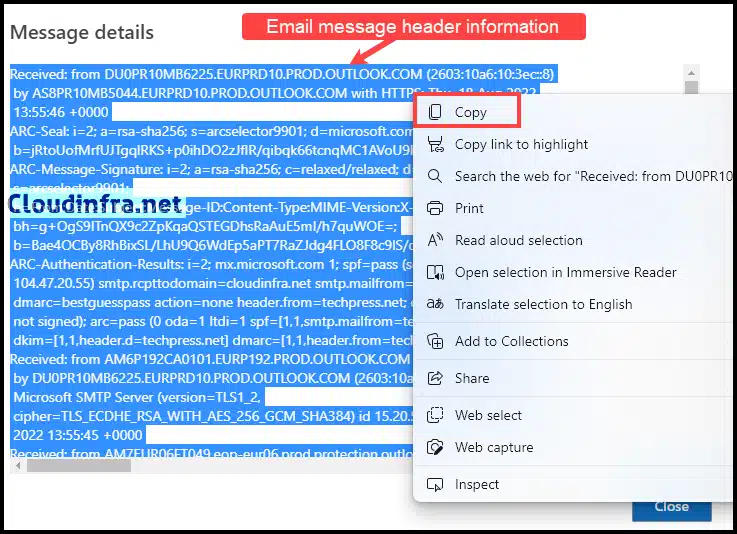 Retrieve Email Message Headers via Outlook Web Client