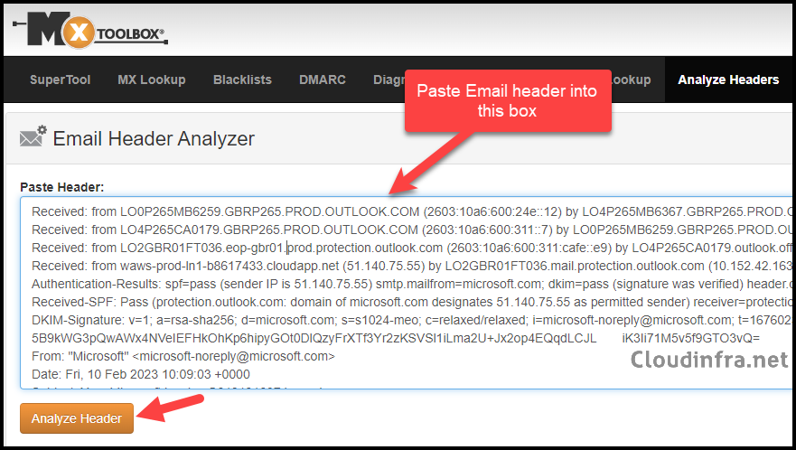 Use MXtoolbox Email Header Analyzer
