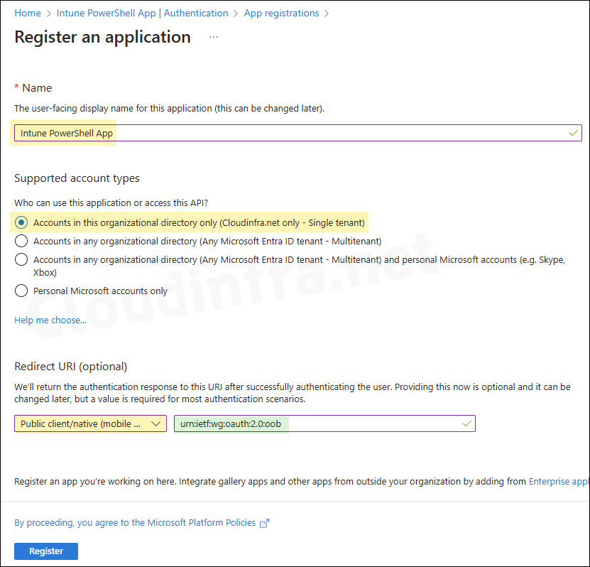 Intune PowerShell App Configuration options in Entra ID along with Redirect URI