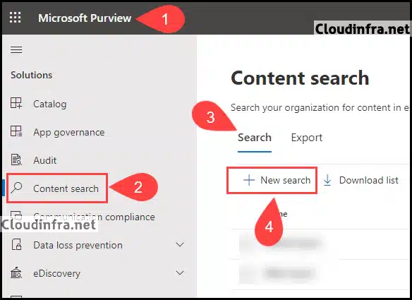 Steps to Start Content Search from Microsoft Purview Portal