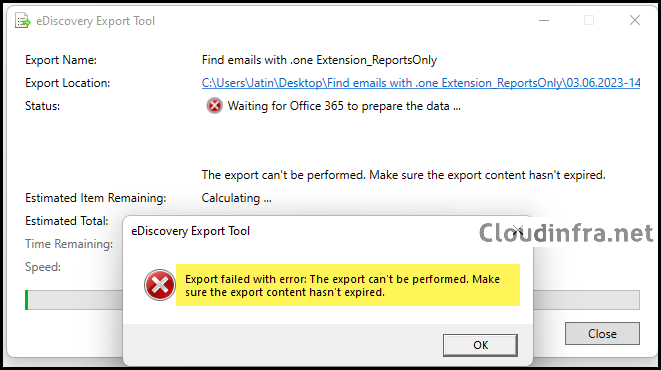 Export failed with error: The export can't be performed. Make sure the export content hasn't expired.