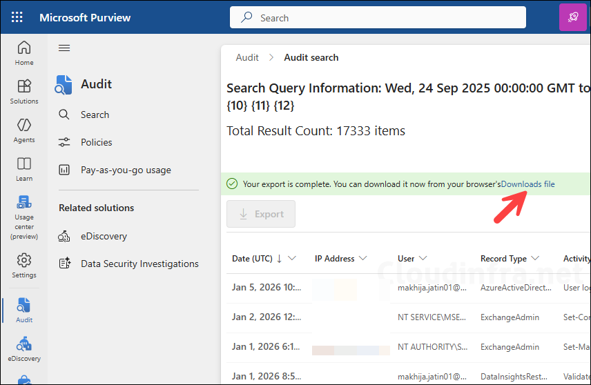 Click Download file to export audit logs from purview