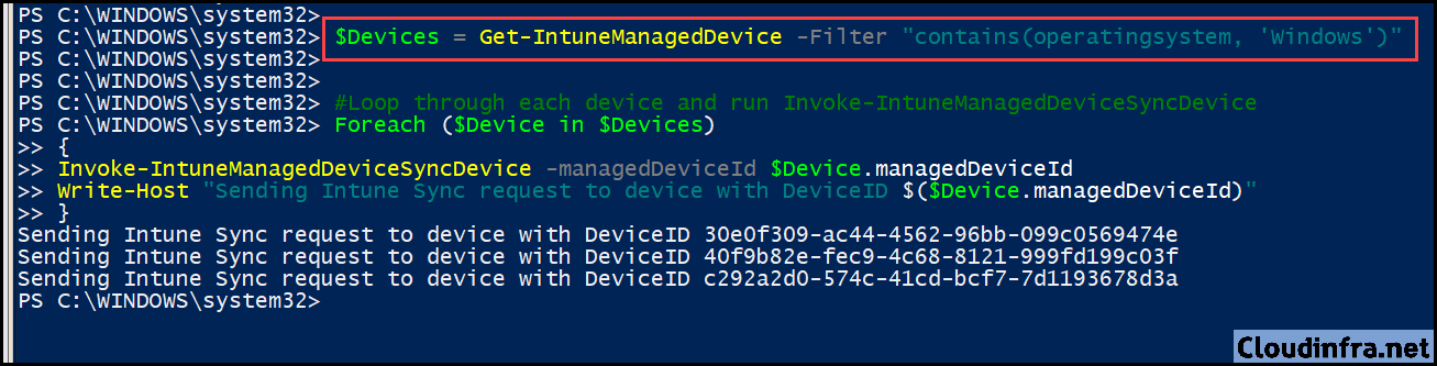 Loop through each device and run Invoke-IntuneManagedDeviceSyncDevice