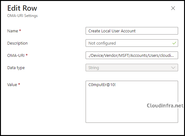 OMA-URI for Local user account creation using Intune
