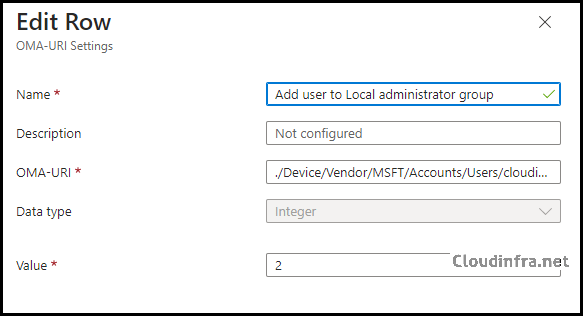 OMA-URI for adding Local user account to administrator group Intune