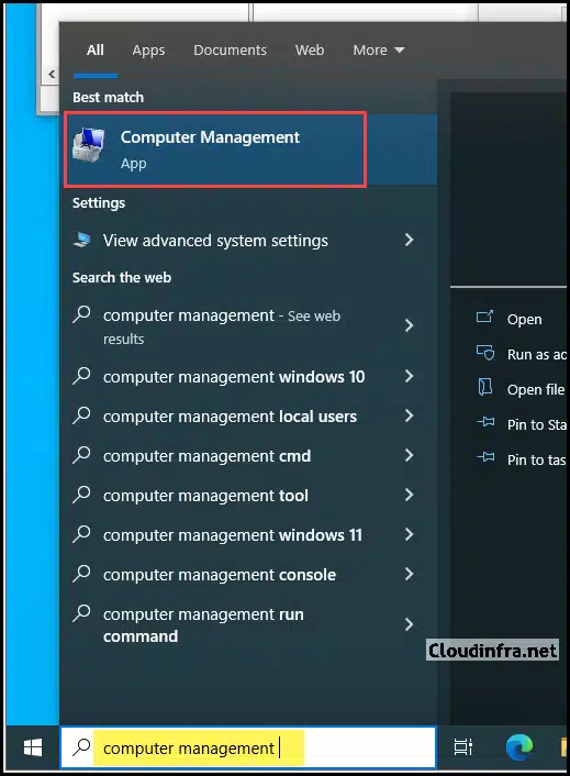 Search for Computer Management using Start memu