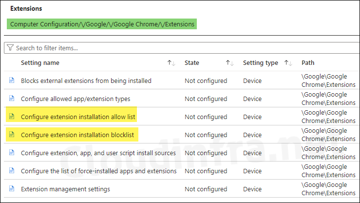 Configure extension installation blocklist policy on Intune admin center