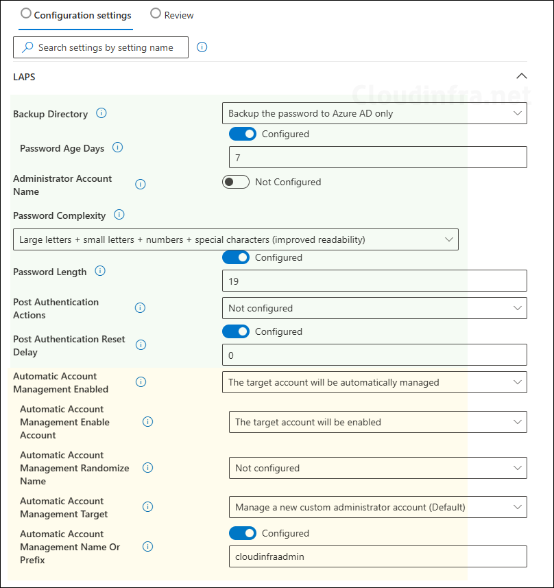 Intune LAPS configuration settings