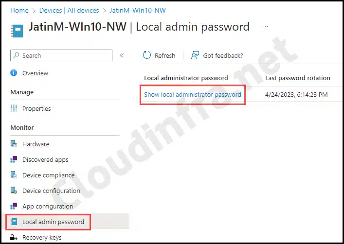 Retreive local admin password from Intune Admin Portal