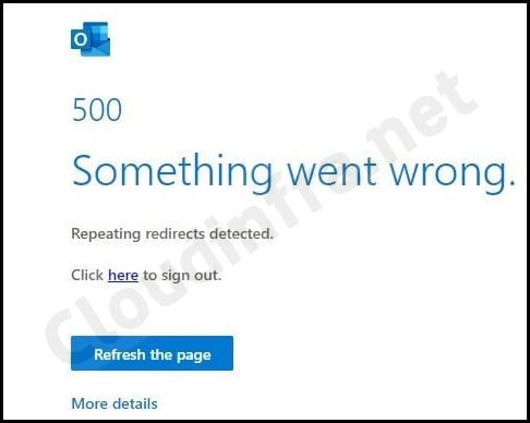 Outlook Error 500 Repeating redirects detected