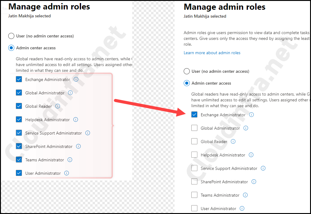 uncheck roles from M365 admin center
