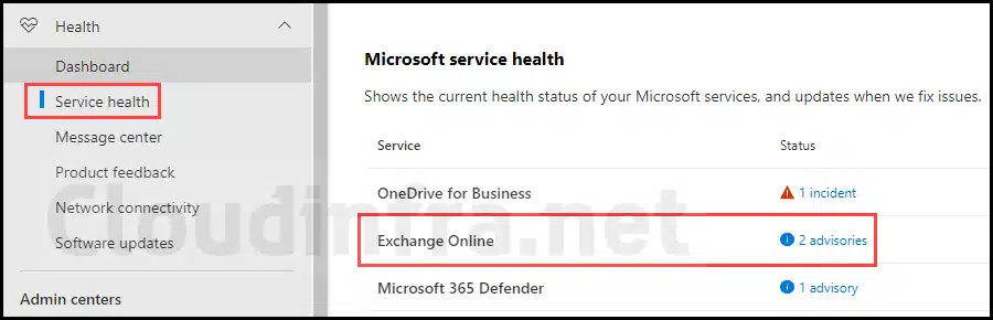 Check Service Health in the Microsoft 365 admin center