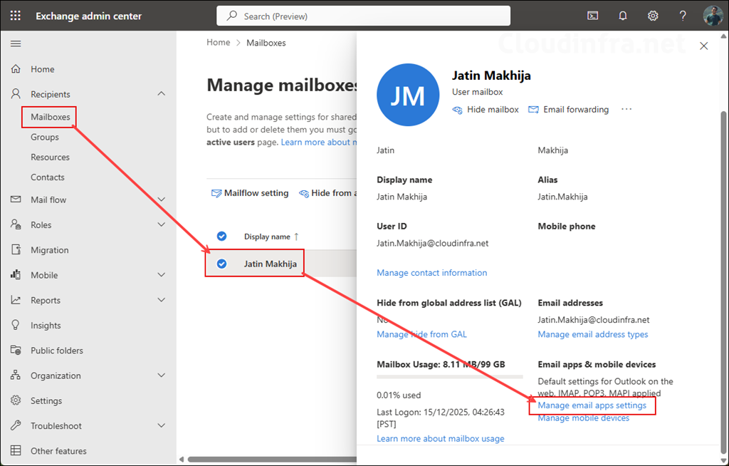 Ensure Outlook on the web is enabled for the mailbox