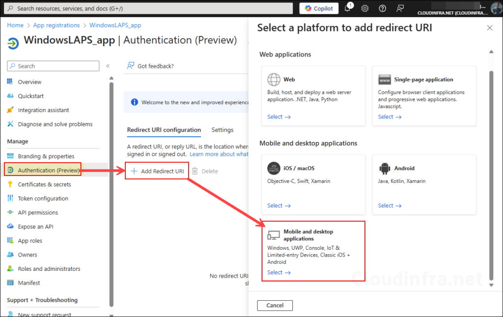 Add Mobile and desktop applications redirect URI for LAPS