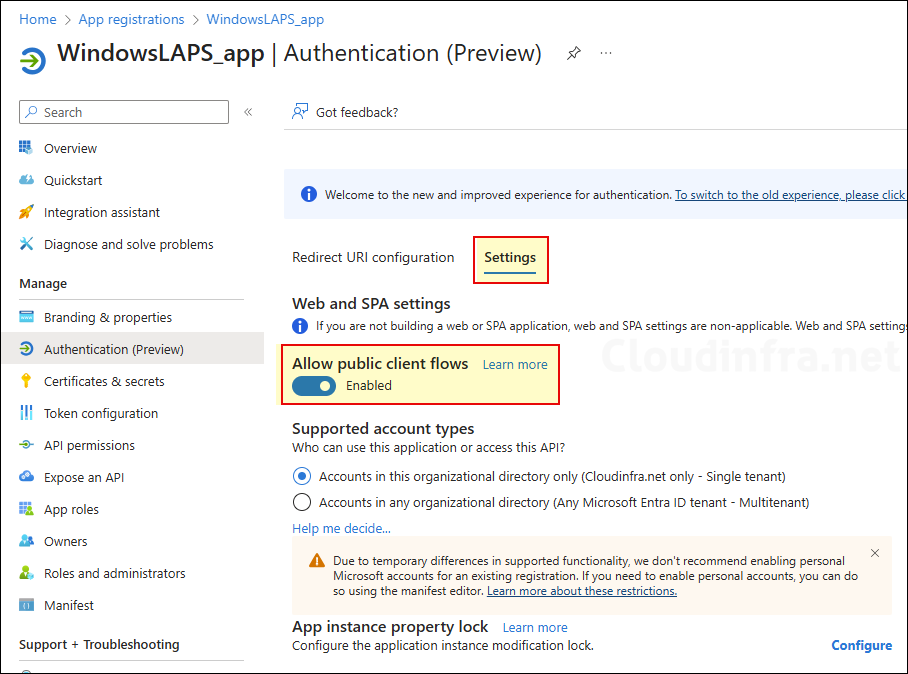 Allow Public client flows in entra ID for LAPS