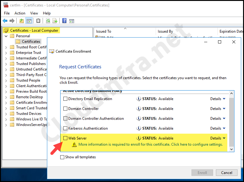 Request Web Server certificate template