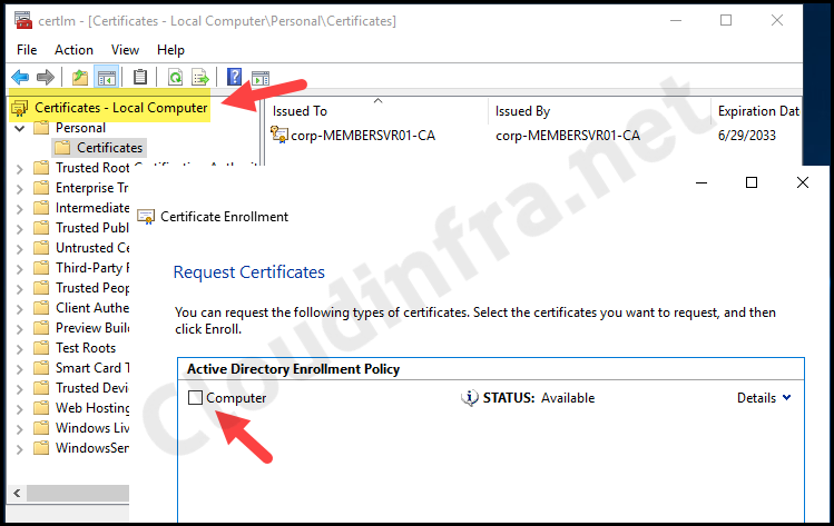Computer certificate snap-in