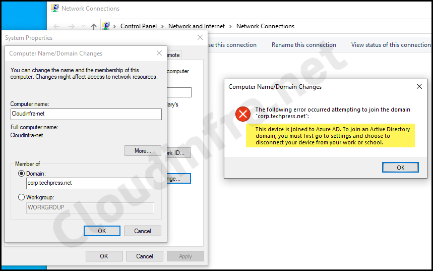 This device is joined to Azure AD. To join an Active Directory domain, you must first go to settings and choose to disconnect your device from your work or school.