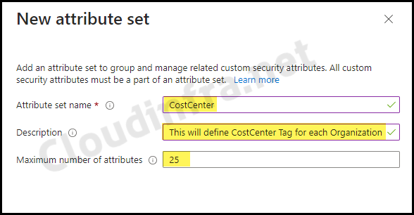 Add Custom security attribute set in Azure AD