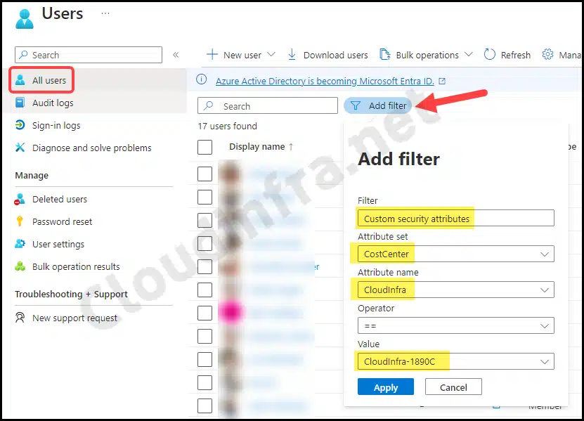 How to filter users based on Custom security attributes