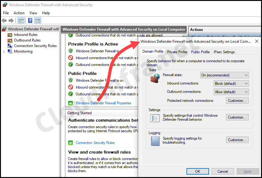 Verify Windows Defender firewall using advanced settings