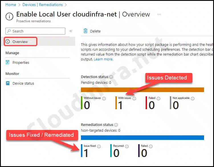Detection status and Remediation status for Intune remediation package 