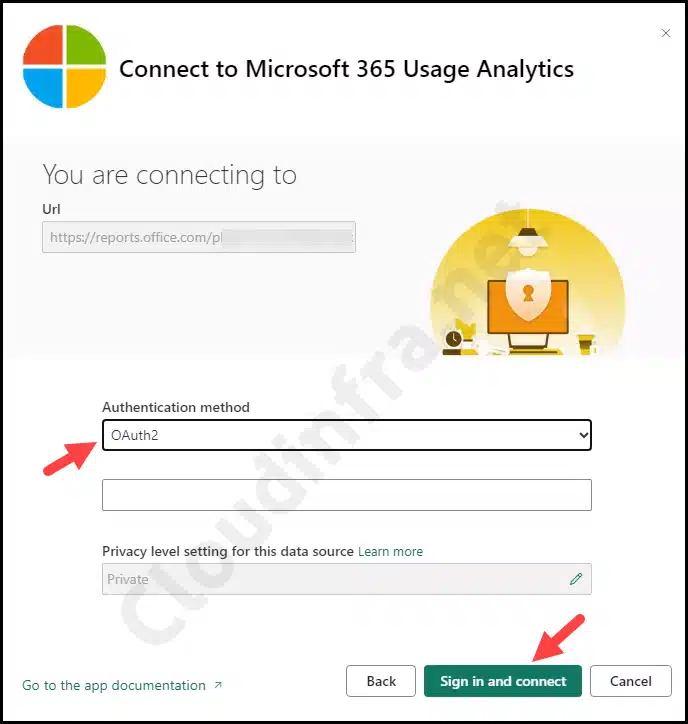 Use Authentication method as OAuth2 on Connect to Microsoft 365 Usage Analytics app screen